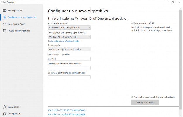 Captura de pantalla del panel de configuración de dispositivo de Windows 10 IoT Dashboard